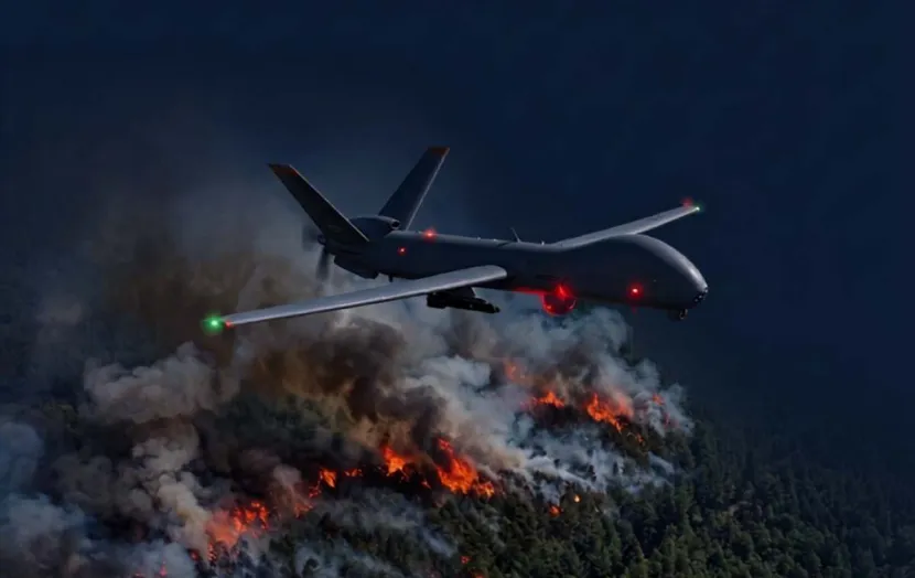 Hermes UAV flying across a wildfire