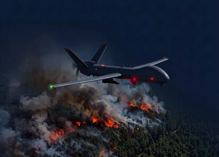 Hermes UAV flying across a wildfire