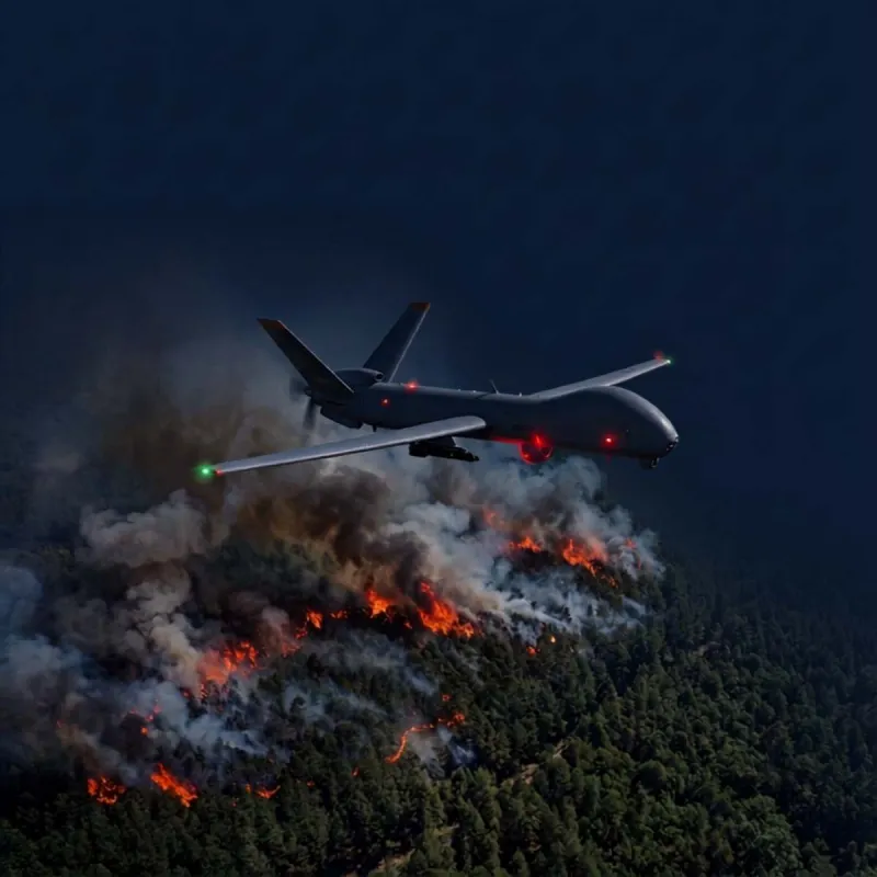 Hermes UAV flying across a wildfire
